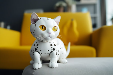 Modern robot cat on the sofa in the living roomの素材