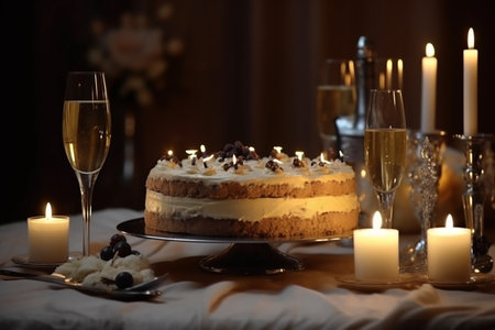 Dinner table with cake, candles, champagne.の素材