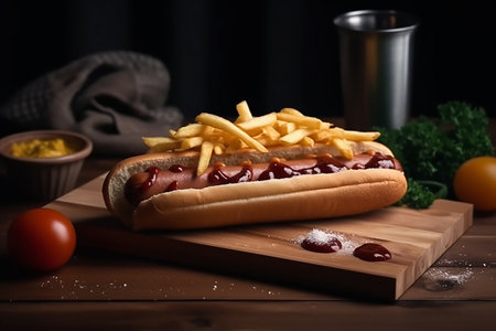 Homemade hot dogs with fried onions, pickled cucumbers tomato sauce and mustard.の素材