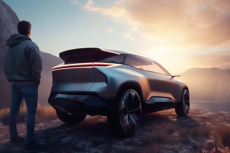 A man looks at the car of the future.の素材