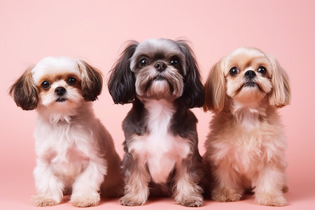 banner three happy puppies smiling on isolated pink background.の素材