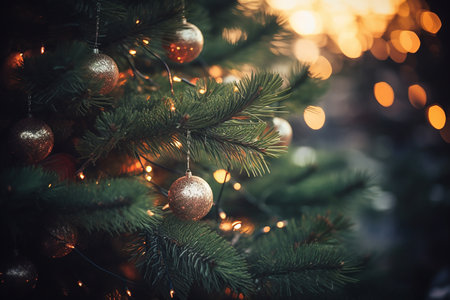 Close up of balls on christmas tree. Bokeh garlands in the background. New year concept.の素材