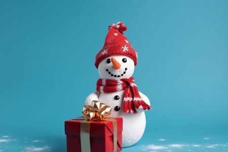 snowman toy with gift isolated on blue background, merry christmasの素材