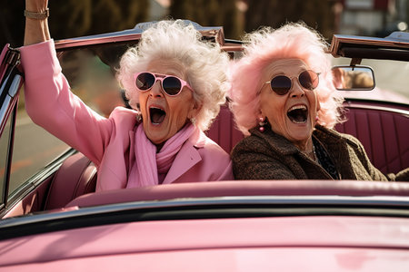 Cheerful elderly women, good mood, waving hands, ride in convertible car, outdoor travelの素材