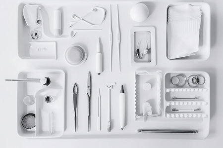 Top view of a doctor's table with a stethoscope and other medical instruments. Top view with copy space, flat lay.の素材