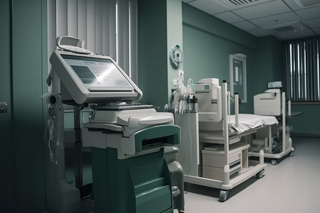 Interior of an empty hospital room. Clean and empty room with a bed in the new medical centerの素材