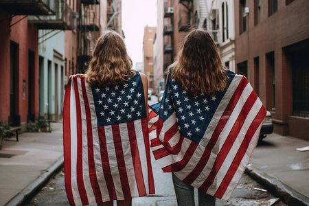 People with the US flag on their backs. independence dayの素材