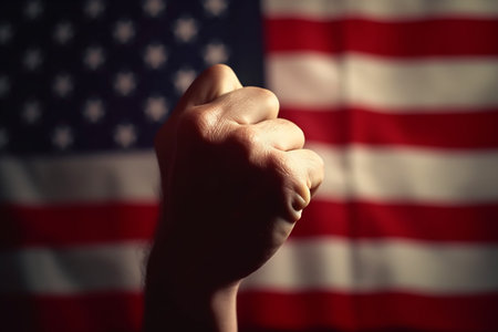 Clenched fist on the background of the American flag.の素材