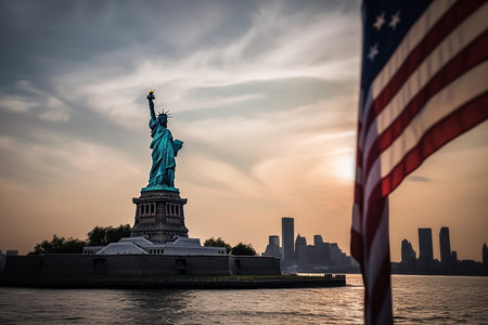 Statue of Liberty on the river bank of New York cityscape, flag of americaの素材