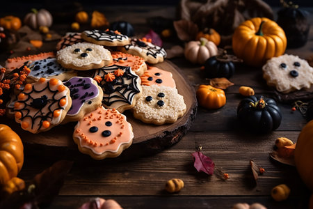 Halloween gingerbread cookies with candies and dry leaves on wooden tableの素材