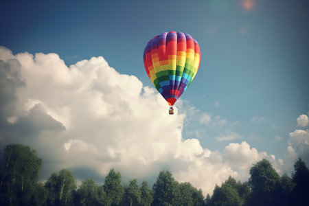multi-colored hot air balloon flies through the blue skyの素材