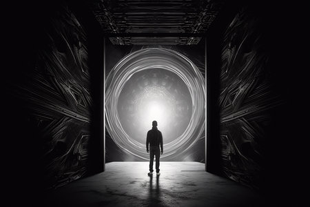 A man stands in the doorway of a large ajar door in the rays of light.の素材