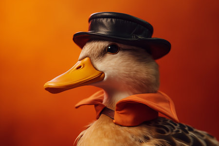 duck in a jacket and shirt, elegant look, on a yellow backgroundの素材