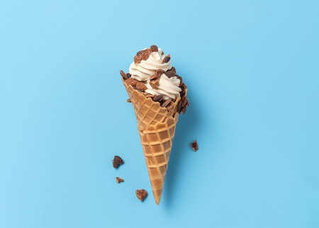 ice cream cone with chocolate chips isolated on blue backgroundの素材