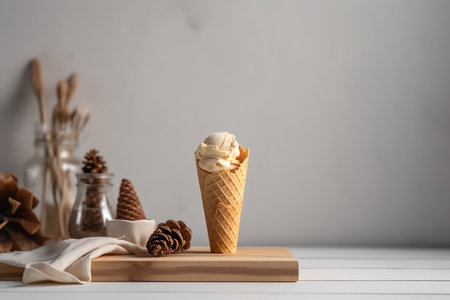 ice cream cone isolated on wooden tableの素材