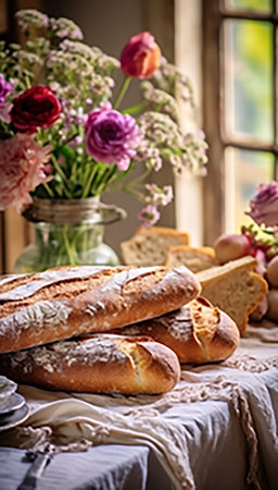 Fresh bread baguette on breakfast table, flowers in vase, morningの素材