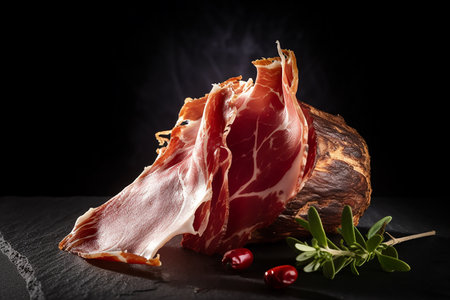 Jamon, pieces of pork on a black background. spanish jamonの素材