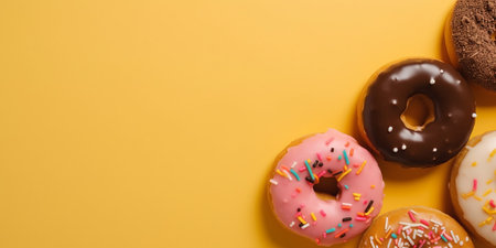 Tasty donuts on a yellow background. free space. National Donut Day concept.の素材