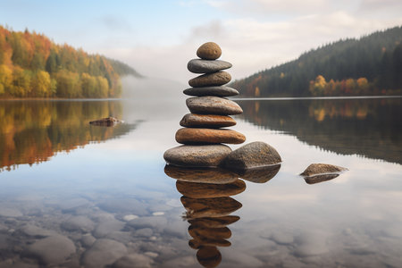 Pyramid of round gray stones on the bank of a mountain river. Zen and harmony concept.Stone towerの素材
