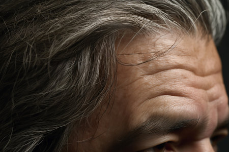 Close-up of a mature men forehead with wrinkles.の素材
