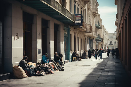 Street with homeless people sleeping on the pavement.の素材