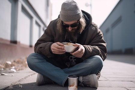 Homeless beggar man sitting outdoors in city asking for money donation.の素材