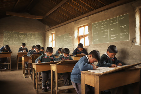 education, elementary school, learning and people concept - group of schoolchildren sitting in a classroomの素材