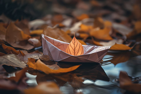 Paper boat floating in the water, among the autumn leaves on the lake, autumn has comeの素材