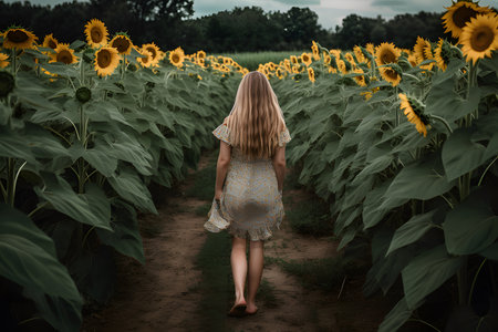 A girl walks with her back to the camera in the middle of a yellow field of sunflowers. A girl in a dress walks through a field of flowers, enjoying the beautiful summer setting.の素材