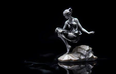 Statuette of a sitting girl, plaster, white figure, goddess of beauty on a black background. free spaceの素材