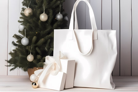 Empty white linen cotton bag mockup with space for notes on christmas tree and gifts background. Template for artwork text.の素材
