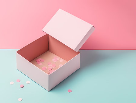 Opened, empty cardboard box isolated on a pink and blue background. Designed for gifts and inscriptionsの素材