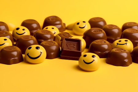 Cartoon, funny chocolate candies with a smile on a yellow background. illustration of a cheerful chocolate character with eyes and mouthの素材