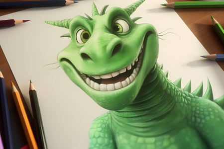 drawing of a green dragon drawn with pencils on a white background, a symbol of the new year 2024の素材