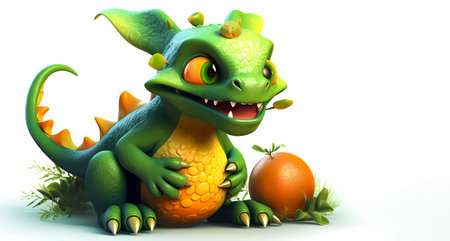 illustration of a funny dragon with a tangerine on a white background, a symbol of the new year 2024の素材