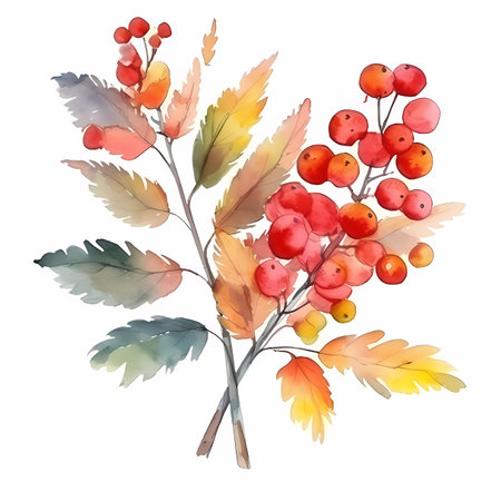 Rowan branch with rowan berries and yellow leaves isolated on white background. autumn still lifeの素材