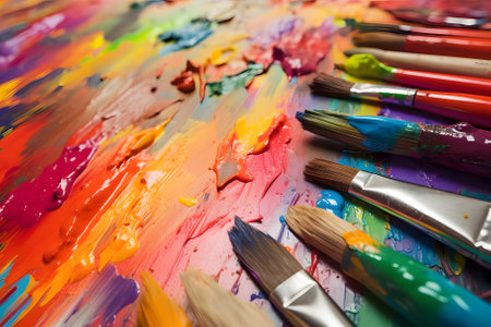 Background of colored texture of oily paints with brushes. Oil painting, hand-painted. A palette of colors. Smears of paint. colorful canvas.の素材