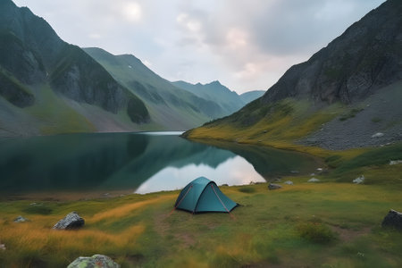 Mountain lake with a tent in the evening. beautiful summer landscapeの素材