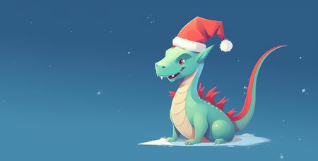 Christmas cartoon dragon with wings, horns and tail, symbol of 2024, isolated on blue background.の素材