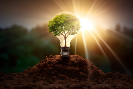 light bulb inside which is a tree sprout, on green grass and sunlight in nature. energy saving conceptの素材