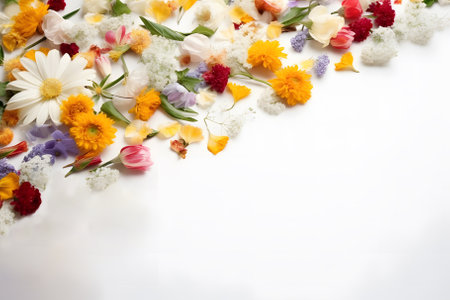 White background with spring flowers. Floral background. Top view, copy spaceの素材
