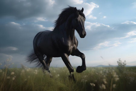 black horse running in a field, Friesian stallionの素材