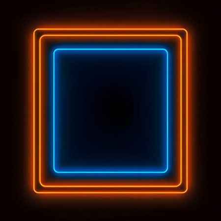 Glowing square neon, orange light. Bright square neon frame. Blue square effect banner with space for text.の素材