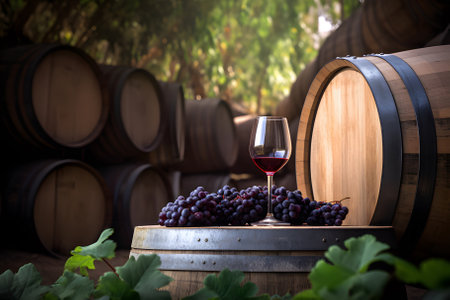 glass of red wine on a wooden barrel in the vineyard. Wide photoの素材