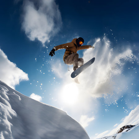 Jumping snowboarder from hill in winterの素材