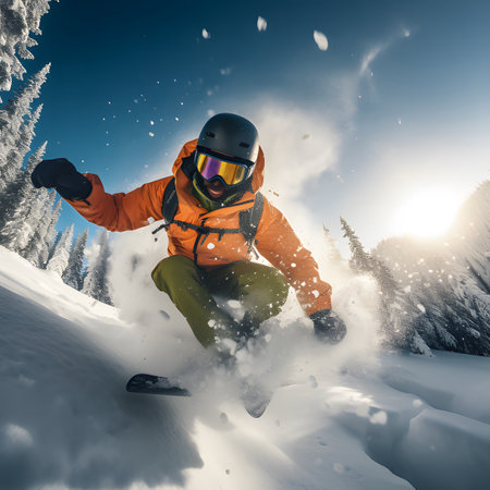 Jumping snowboarder from hill in winterの素材