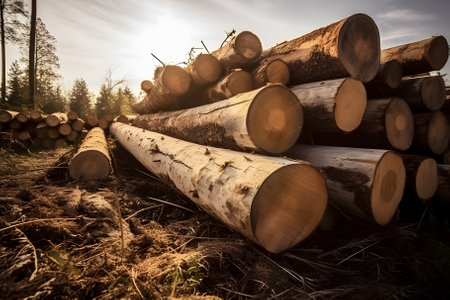 Log tree trunks, logging, wood processing industry. Forest pine and spruce trees.の素材