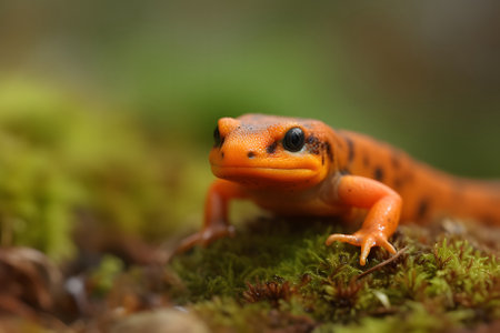 Close-up of an orange lizard crawling on moss in natureの素材