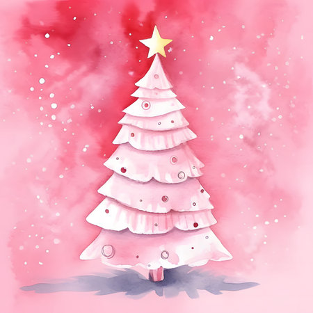 Pink drawing of a Christmas tree on a pastel pink watercolor background. Christmas illustration.の素材