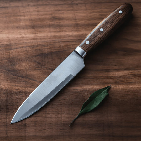 A large kitchen knife with a wooden handle lies on a wooden boardの素材
